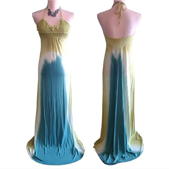 Y2K Yellow Green Tie Dye Viscose Embroidered Halter Maxi Dress Medium - Picture 9 of 16